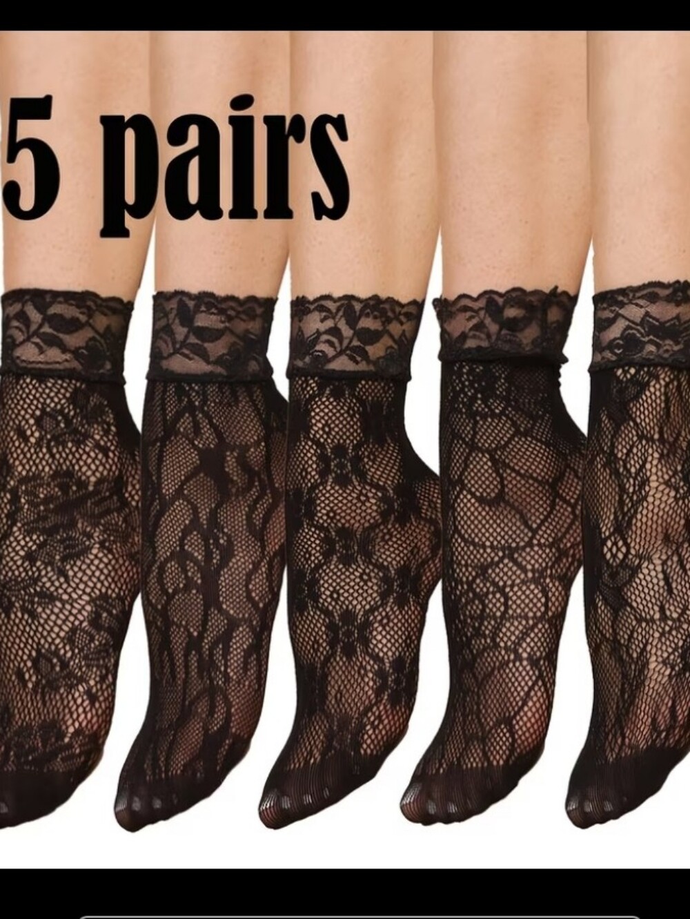 Lace Sheer Ankle Socks - Black (5 Pairs)